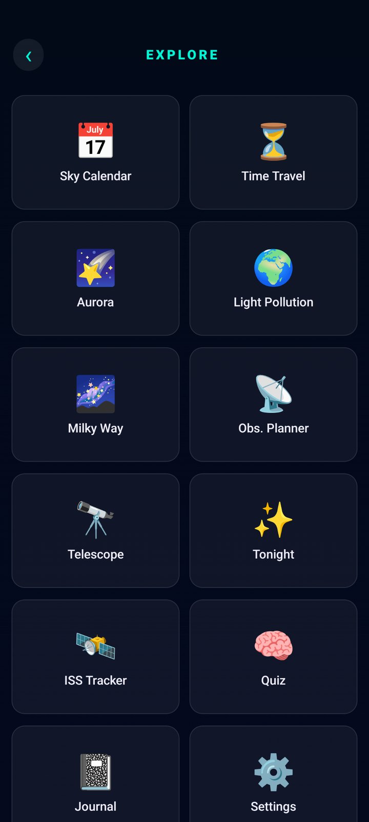 Stellumis Explore menu